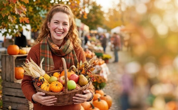 Smiling young Caucasian woman holding a basket of autumn harvest at a local farmers market representing seasonal celebration