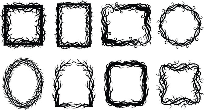 Flat Color Thorn Vine Branch Frame Silhouette Icon Collection for Gothic Border and Commercial Graphic Design Projects