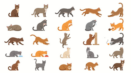 Obraz premium Set of various cat poses and activities in a flat vector illustration style.