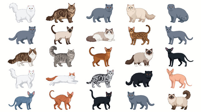 Collection of various cat breeds in a flat vector illustration style.