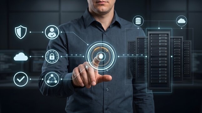Cloud security identity management system showing IT administrator interacting with secure server infrastructure dashboard