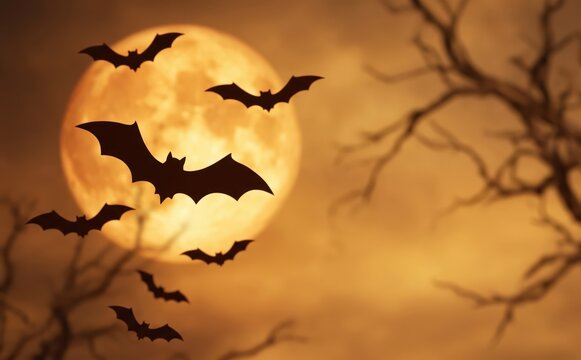 Spooky Halloween night background with silhouette bats flying in front of a full moon