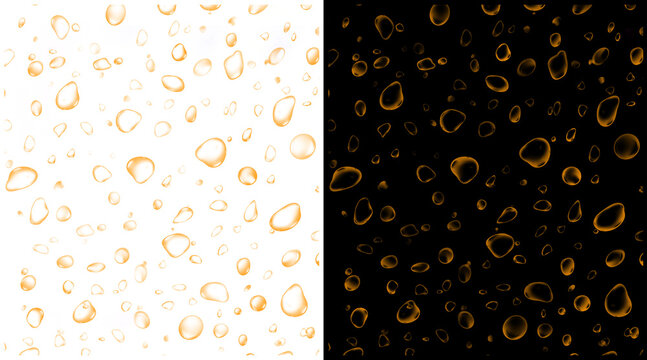 Golden water drops on black and white backgrounds, luxury liquid droplets texture, amber oil bubbles pattern for cosmetic branding