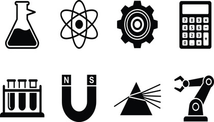 Fototapeta premium Science and Physics Icon Set Black Silhouette Vector with Flask Atom Gear Calculator Test Tubes Magnet Prism and Robotic Arm