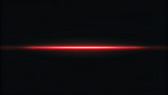 Abstract red glowing laser line on dark background, horizontal light streak overlay with vibrant neon glow for technology, gaming, digital design and cinematic effects.