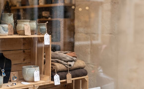 Handmade pottery and knitted garments displayed in a cozy boutique shop window on a rainy day