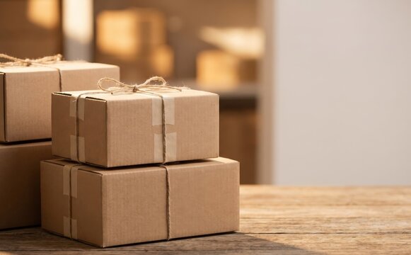 Stack of handmade cardboard delivery parcels tied with twine on a wooden table in a warehouse for shipping and logistics
