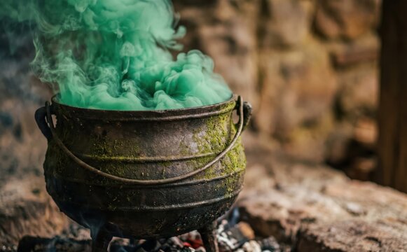 Witches cauldron brewing a magical green potion with smoke for Halloween fantasy concepts
