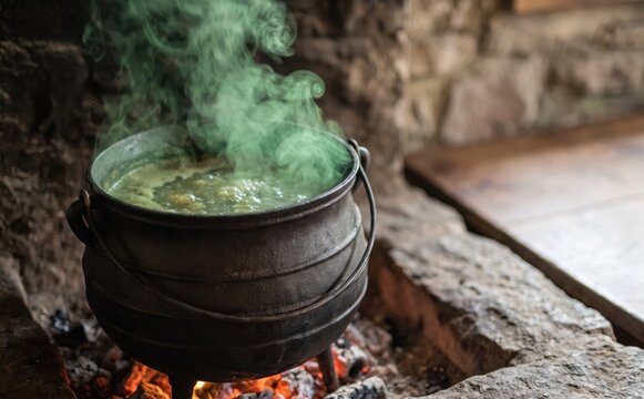 Boiling witch cauldron with magic green potion and steam for Halloween fantasy concepts