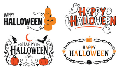 Fototapeta premium Happy halloween typography with cute ghosts, stacked pumpkins, and thorn frames generated using ai