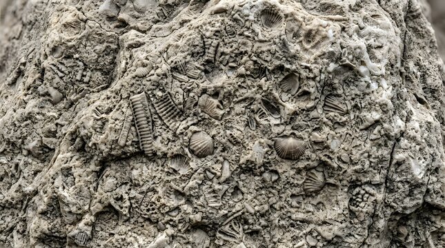Ancient fossilized rock texture, prehistoric sea shell fossils in stone, gray limestone mineral background for geology education