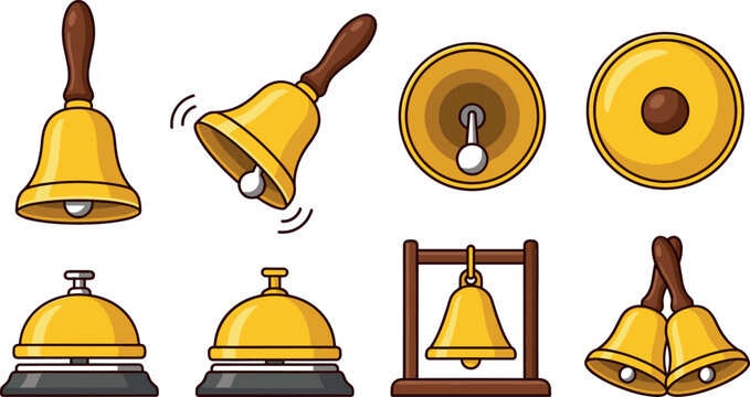 Golden brass bells vector set featuring retro handbells ringing school bell reception desk call bells and top view perspectives isolated