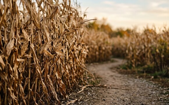 A winding dirt path cutting through a dry autumn corn maze field in the countryside