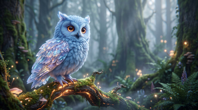 Magical pastel blue owl with crystal wings in a glowing fantasy forest