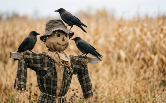 A spooky scarecrow in a cornfield surrounded by crows for autumn harvest festival themes