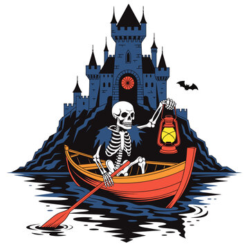 This vector illustration features a spooky Halloween theme, with a skeleton sailing in a small wooden boat across dark water