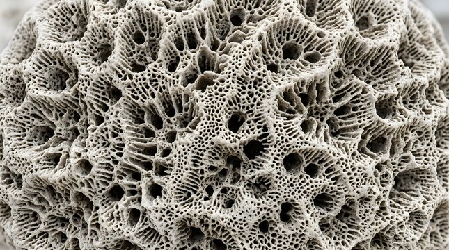 Natural coral texture close up, organic sea sponge pattern. Intricate white limestone reef structure, porous marine fossil background.