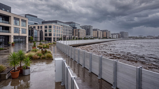 Photorealistic modern urban riverfront protected by a raised modular floodwall during high water level