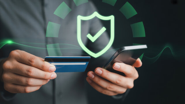 Digital payment security concept featuring shield icon over smartphone and credit card for secure transaction validation with checkmark indicates secure