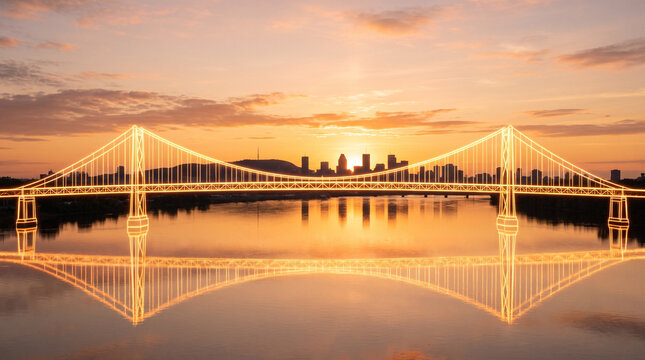 Glowing wireframe bridge connecting a natural landscape to a modern city skyline at sunset