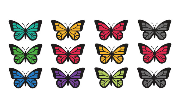 Ten stylized butterflies with symmetrical wing patterns and decorative black line work isolated on a white background, creative design concept