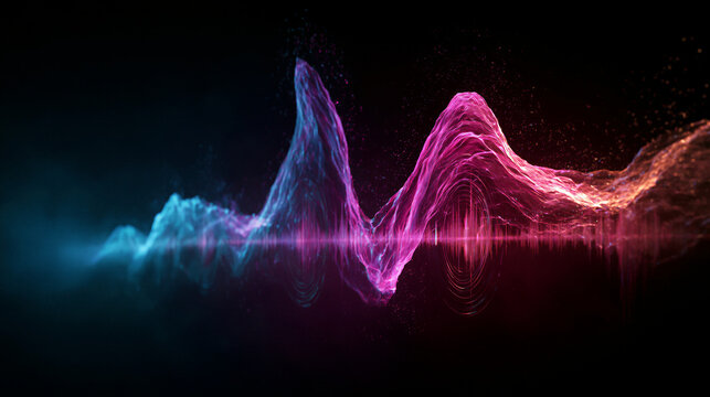 Vibrant 3D audio waveform visualization with electric blue to hot pink gradient, holographic glass textures, and cinematic neon lighting on deep dark background, ideal for AI tech website banners