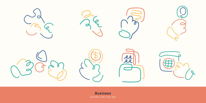 Business management and finance concepts. Minimal doodle line icon set including handshake, rocket launch, document agreement, dollar coin, and globe web.