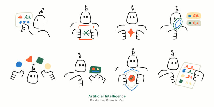 Artificial intelligence and robot technology concepts. Doodle line ai characters generating content, analyzing data, holding shield, and managing code.
