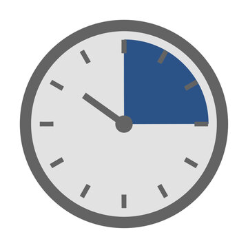 Minimalist circular clock icon with a blue fifteen minute wedge segment and dark grey markers on a white background, simple time management concept