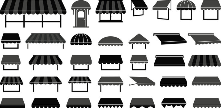 Black and grey store awning vector silhouette set featuring outdoor restaurant storefront sunshades shop roof canopies and boutique window tents collection flat icons