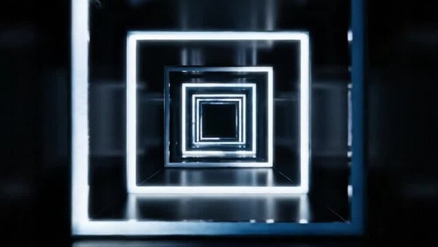 Abstract background with glowing white square frames creating a deep tunnel perspective effect.