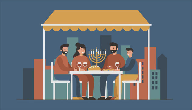 Family members share a festive Hanukkah meal at a dining table featuring a traditional menorah set against a stylized urban city skyline backdrop.