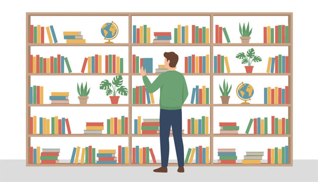 Man standing and searching for a book on a large wooden library shelf in a cozy organized room flat illustration.