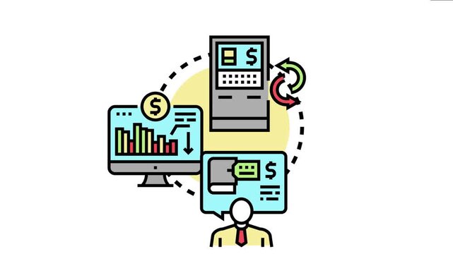 Banking services icon presenting digital money management, automated teller machine operations, financial data analysis, and professional consulting for economic growth and client support