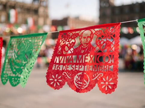 Red Papel Picado Banner Hanging Outdoors for Viva Mexico