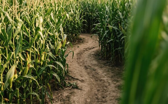 Winding path through a tall green corn maze in autumn for agriculture and farm concepts