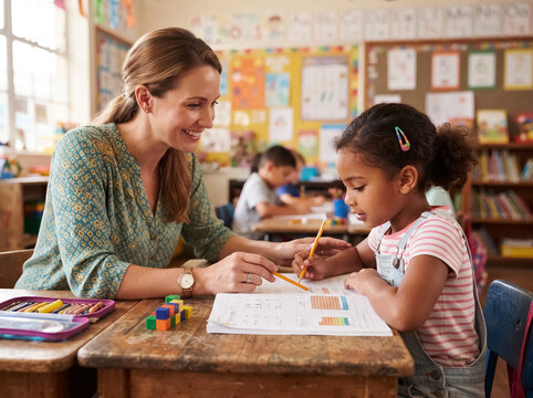 Smiling female teacher helping a young girl with math worksheet at her desk in a bright elementary classroom. Concept of education, tutoring, and supportive learning environment.