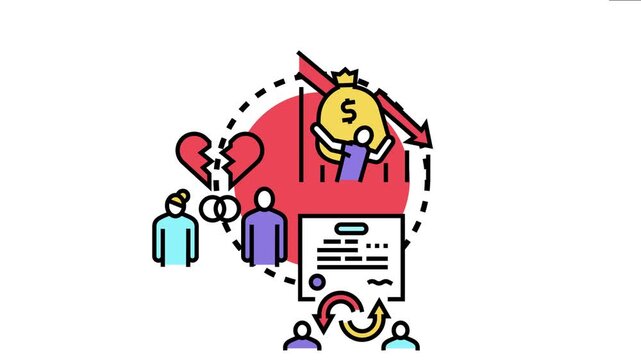 Icon concept individuals facing financial insolvency, dealing with debt repayment, and undergoing a legal process to manage their economic difficulties