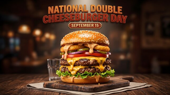 Juicy double cheeseburger with melted cheddar on rustic wood table, National Double Cheeseburger Day 15 September promotion, delicious fast food gourmet meal with tomato, lettuce