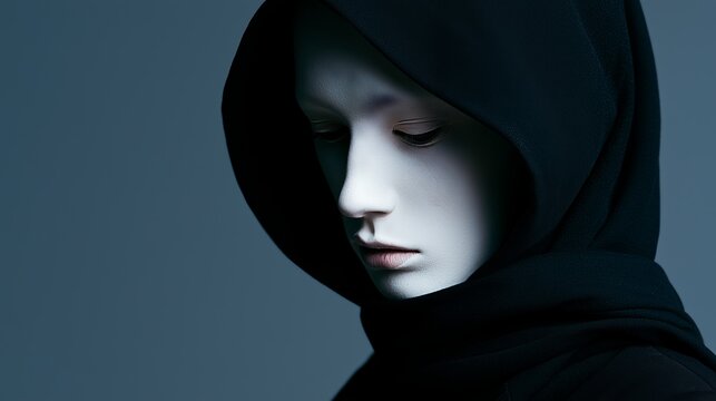 A dramatic portrait of a hooded figure with pale features, evoking mystery and intrigue against a dark background.