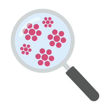 Magnifying glass with blue lens focusing on pink spherical cellular clusters isolated on white background medical research and science concept