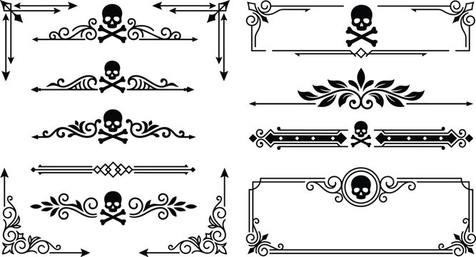 Black Skull and Crossbones Ornamental Borders with Decorative Frames Design Elements