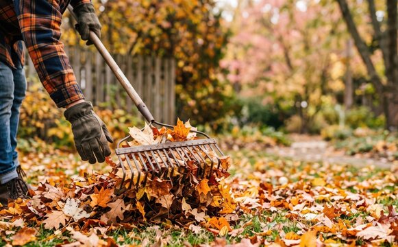 Person raking autumn leaves in a suburban yard during fall season for garden cleanup