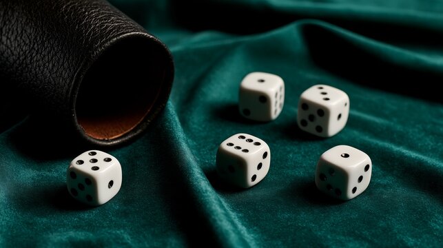 A set of white dice with black dots scattered on rich green velvet, highlighting a game night ambiance.