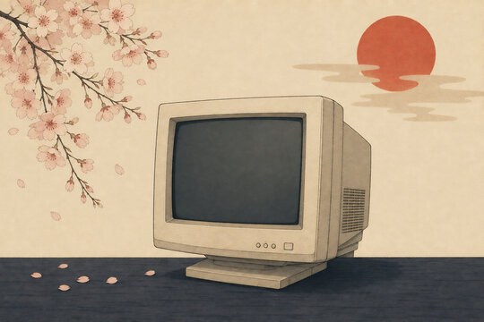 Ukiyoe Style Retro CRT Monitor with Cherry Blossoms and Red Sun on Minimal Japanese Background