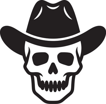 Skull wearing cowboy hat vector icon for western outlaw and gothic style graphic designs.