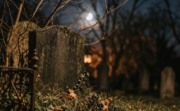 Old weathered tombstone in a spooky graveyard at night under a glowing crescent moon, Halloween concept for gothic horror and death photography