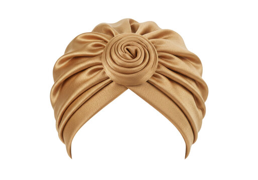 Luxurious gold turban with detailed rose knot isolated white background