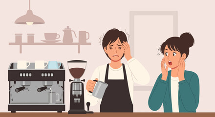 Fototapeta premium Stressed barista fumbling with coffee machine, customer shocked