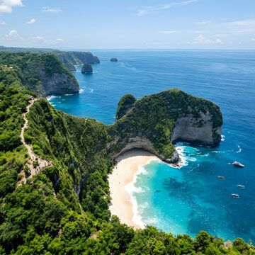 Beautiful tropical beach with lush green cliffs